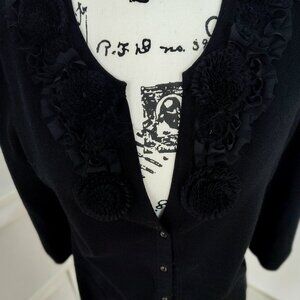 Women's White House Black Market Snap Front BLACK Cardigan LARGE w/ Fabric Roses